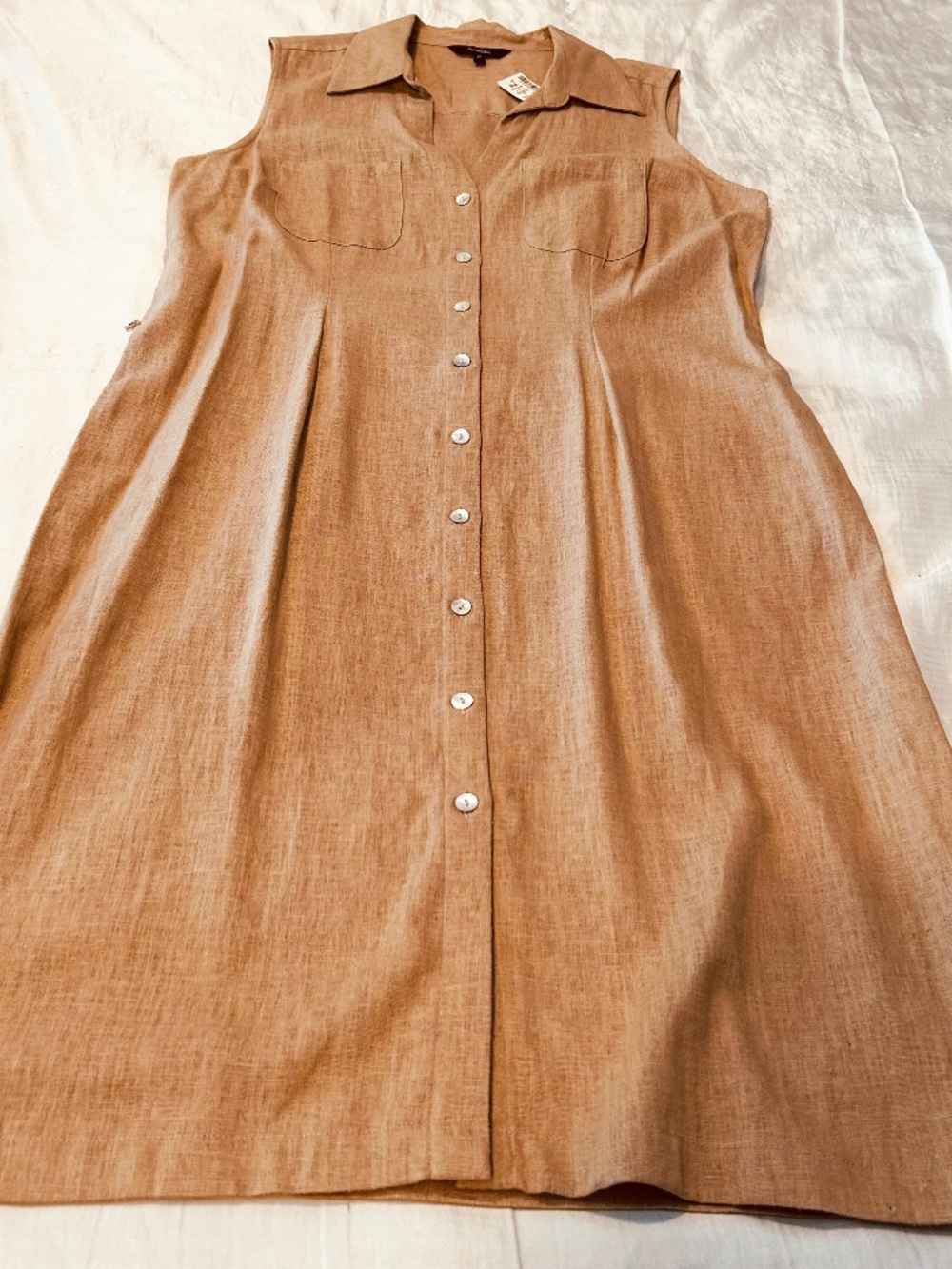 DRESS, WASHABLE LINEN BLEND, ECRU, SIZE 15, MOTHER OF PEARL BUTTONS, LONG LENGTH
